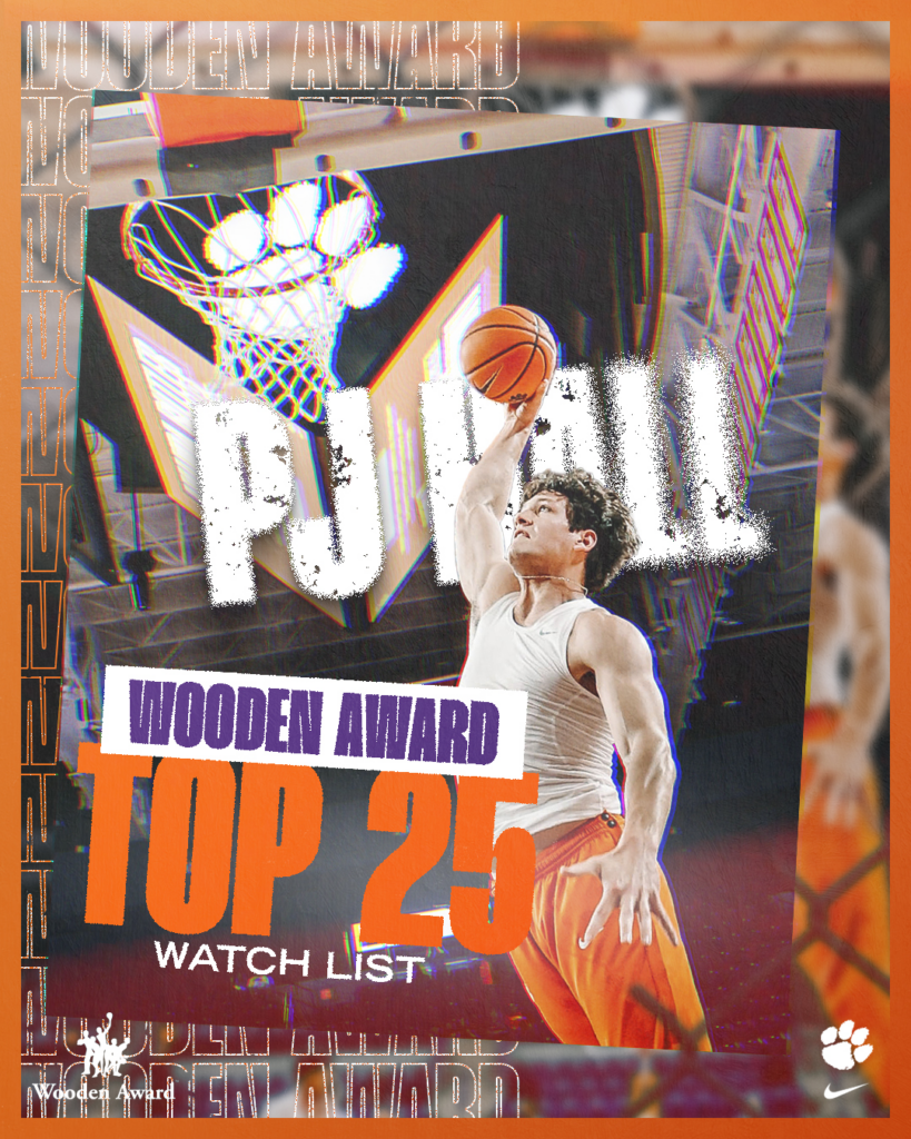 Clemson Basketball PJ Hall John R. Wooden Award Top 25 List.