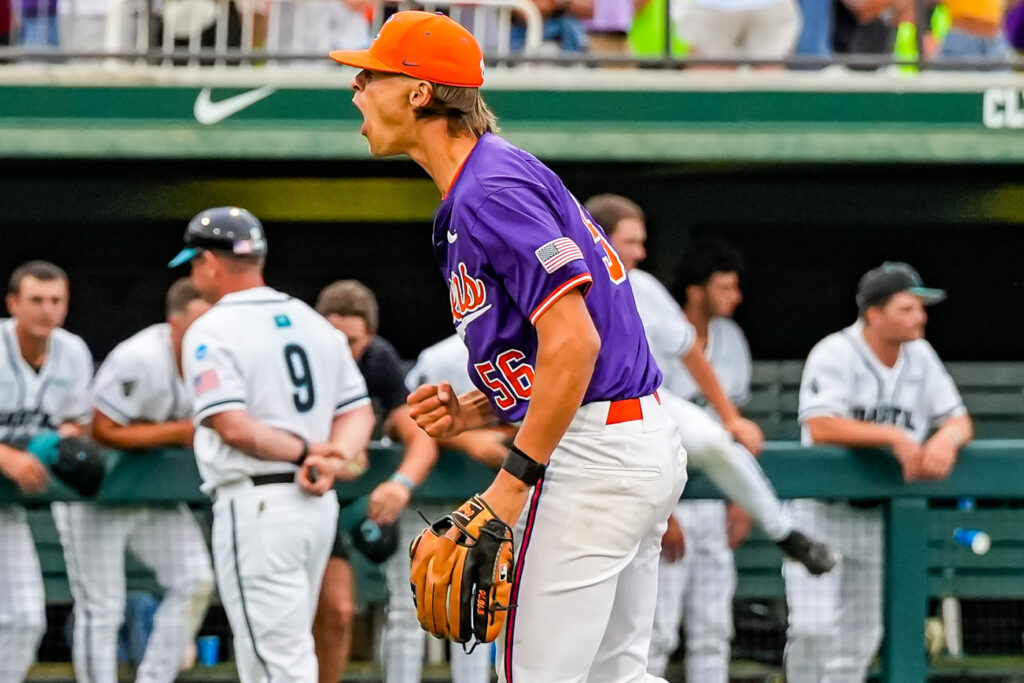 Austin Gordon was called on in relief and struck out the first two batters to help clemson baseball win 4-3 and get 1 win closer to a super regional.