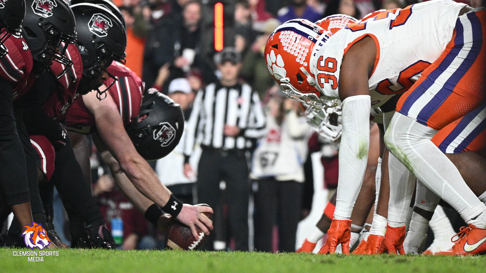 Clemson vs South Carolina game view down the line of scrimmage