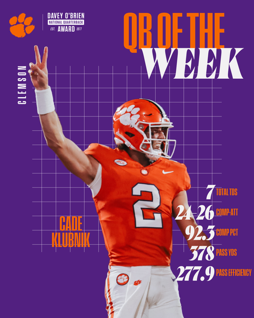 Clemson quarterback Cade Klubnik Davey O'Brien Award honors week 2