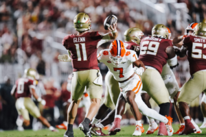 Clemson Football Safety Khalil Barnes tackles Brock Glenn FSU QB